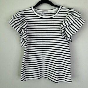 Zara Black and White Ruffled Puff Sleeve Tee